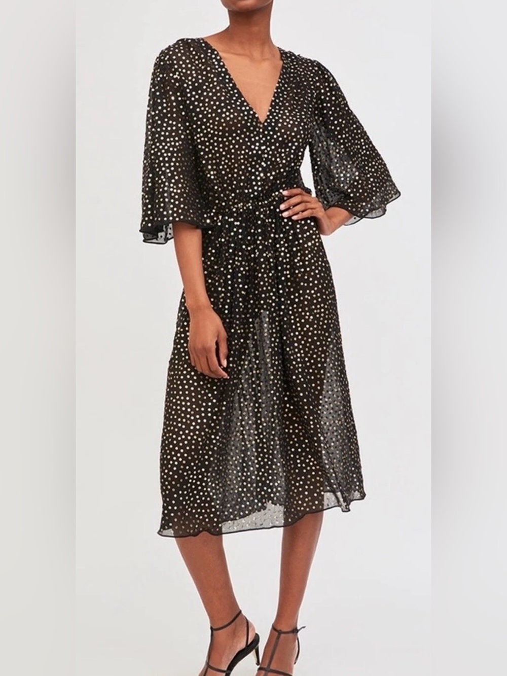 Antik Batik Dona Long Sequin V-Neck Dress Women’s 38 Small Black Gold Cocktail